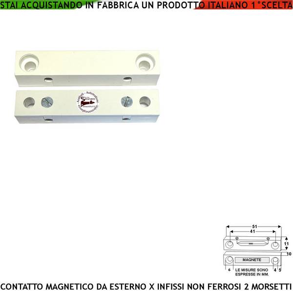Sensore Magnetico da Esterno Antifurto Contatto Reed Sottovuoto Sensibilità Magnetica 13 mm Tensione Transito Max 30 V
