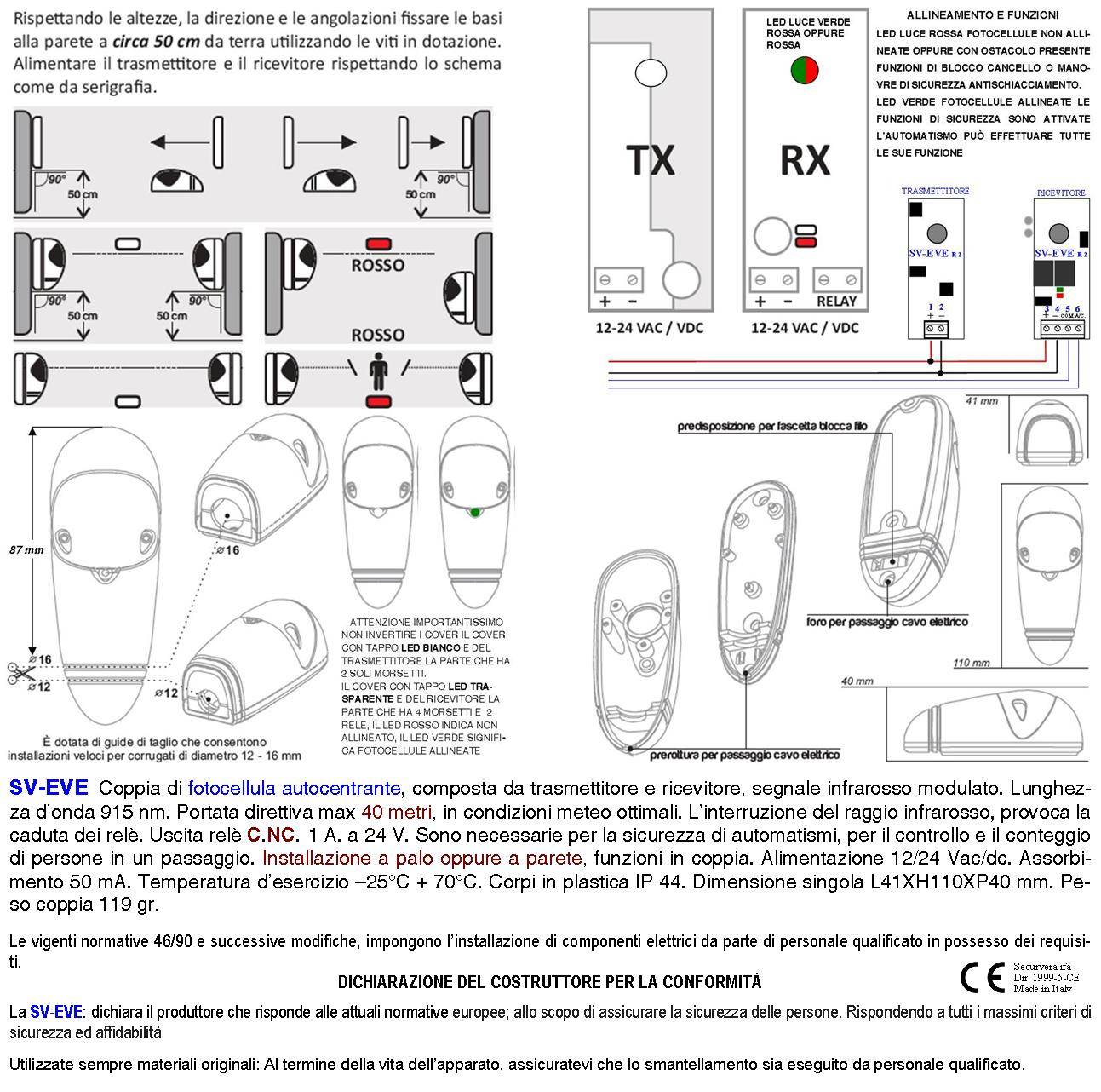 Fotocellule TX e RX Sicurezza e Controllo Cancello Elettrico Automatico Portata 20 Metri Lineari Montaggio a Parete Op-1