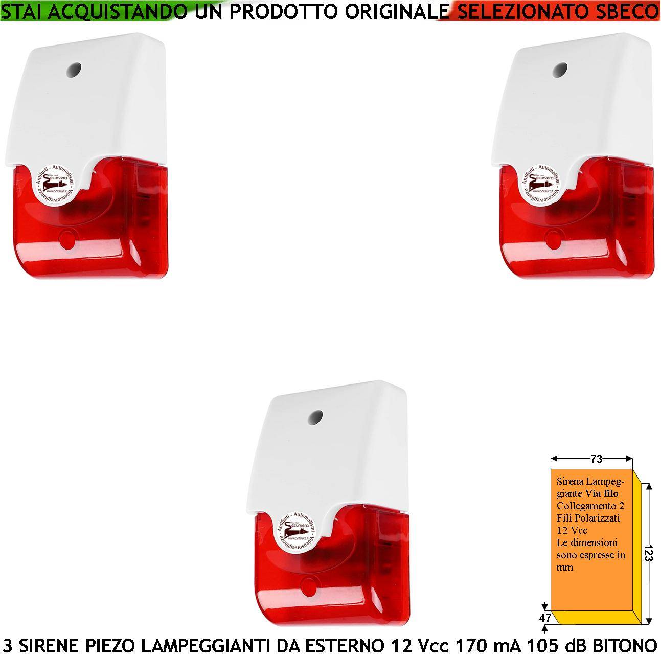Sirena Antifurto Lampeggiante 3 Pezzi Diffusore Piezoelettrico Melodia Bitono da 1500/4000 Hz 105 dB Alimentazione 12-0