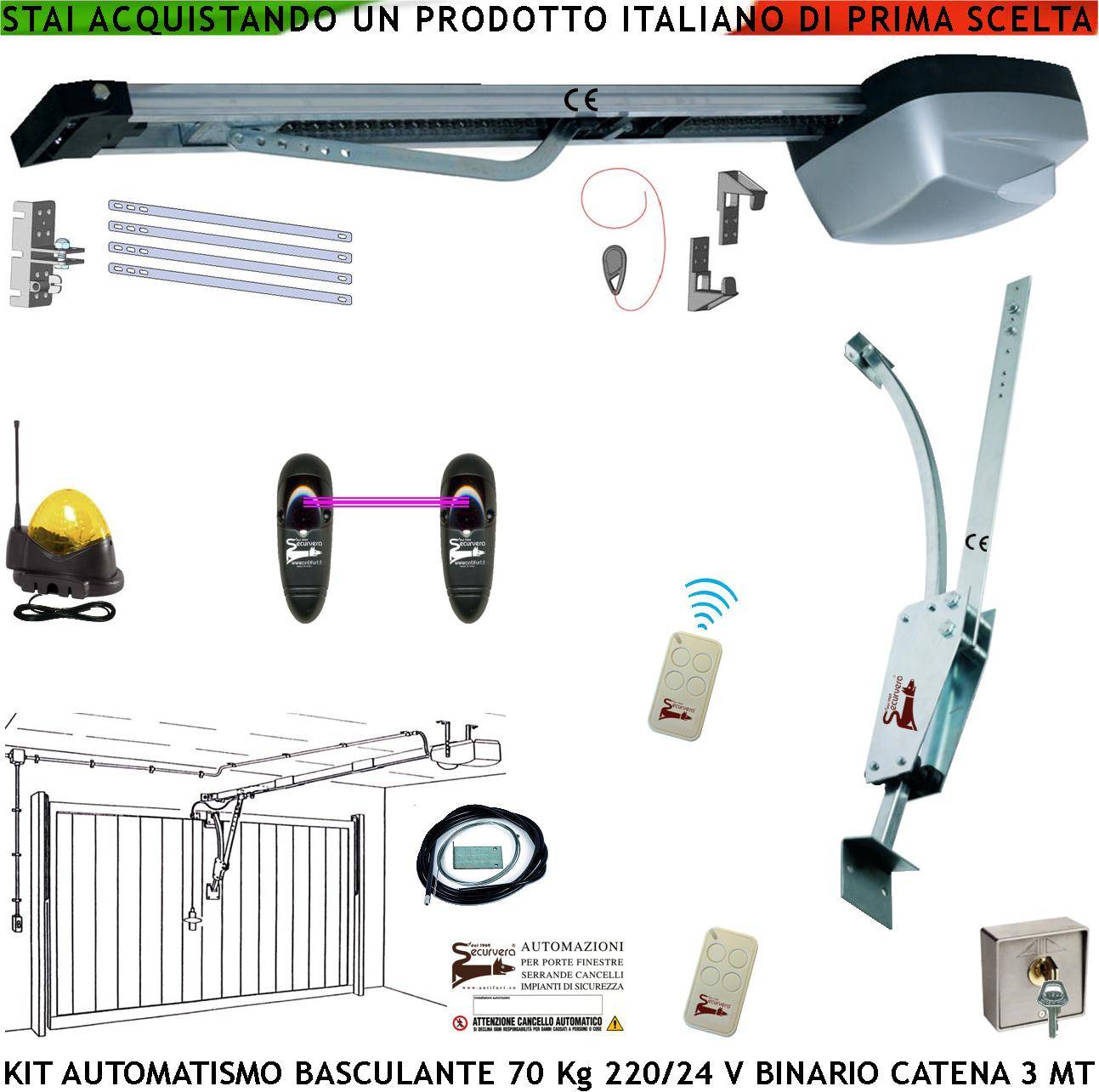 Kit Automazione Motore 220/24 V da Soffitto per Porta Basculante 70 Kg Faro Antenna Selettore Binario Alluminio Catena-0