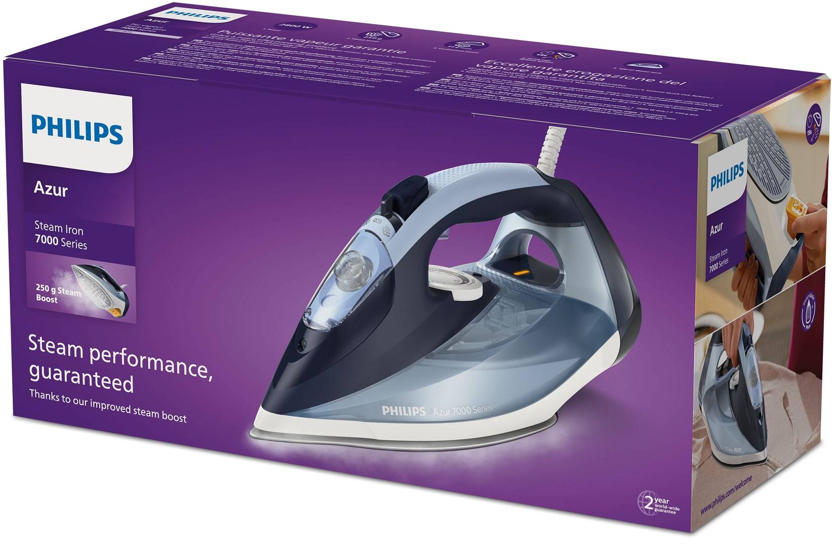 Philips 7000 series DST7020/20 Dampfbügeleisen - Dampfbügeleisen - SteamGlide Plus-Sohle - 2 m - 250 g/min - Blau - 50 g-1