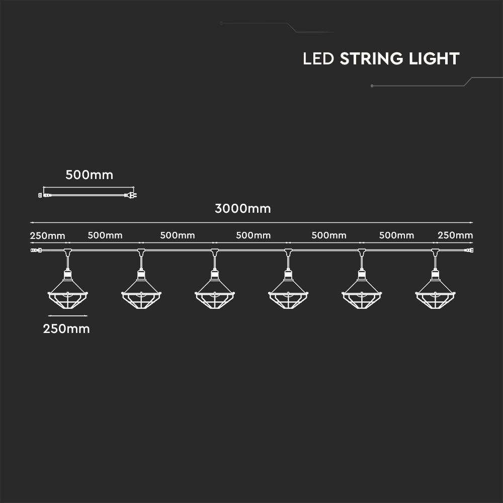 V-TAC Catenaria LED 3m per 6 Lampadine E27 (max 60W) Lanterne Diffusori Nere IP65-2