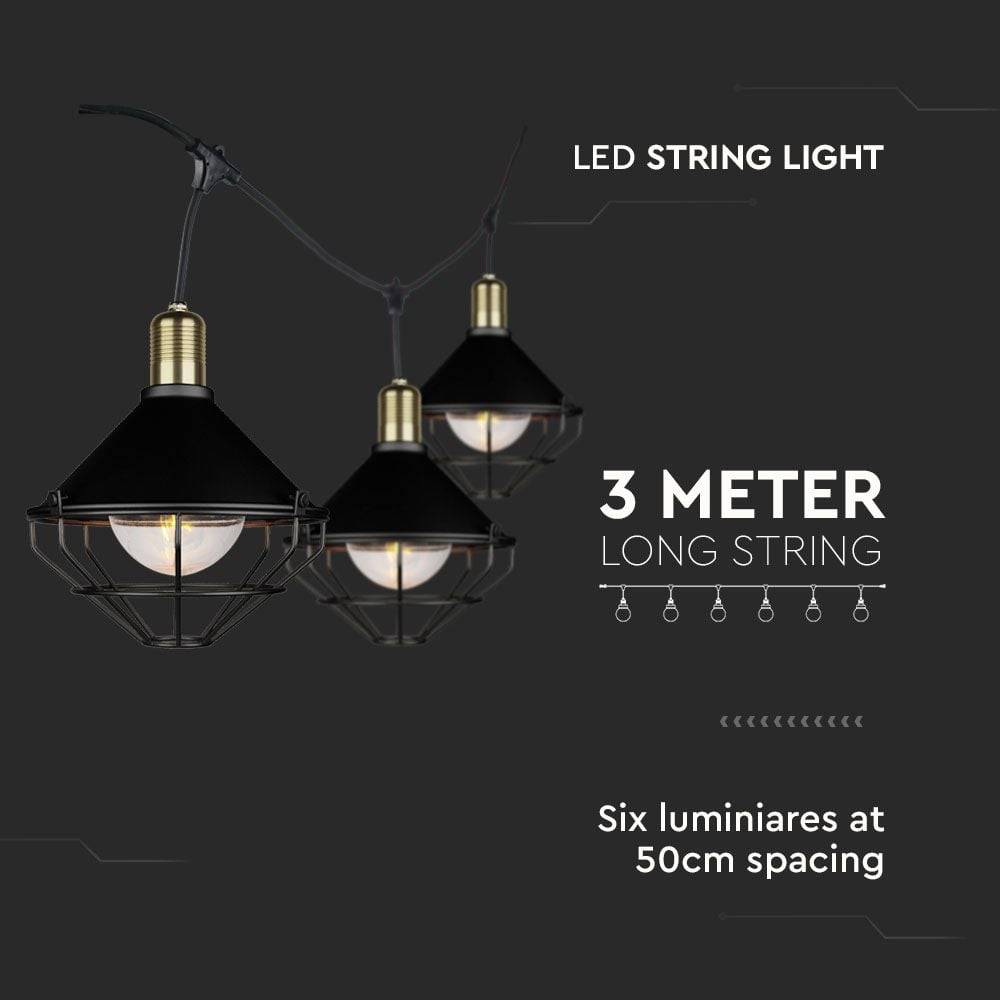V-TAC Catenaria LED 3m per 6 Lampadine E27 (max 60W) Lanterne Diffusori Nere IP65-3