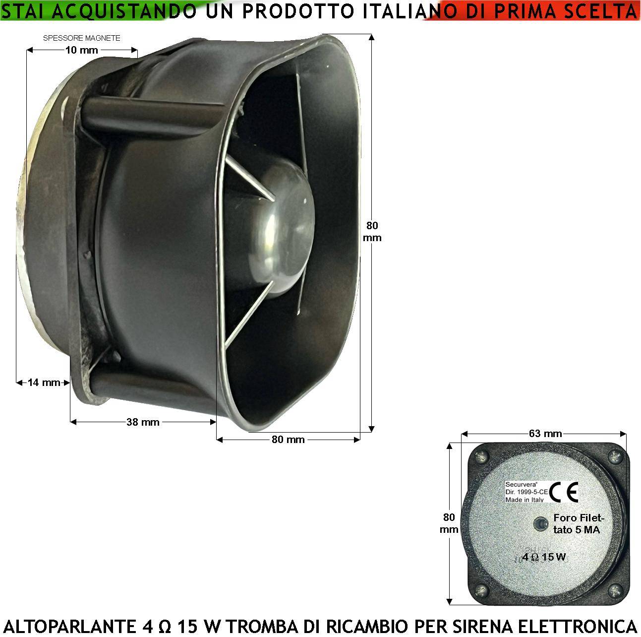 Tromba Altoparlante Ricambio Sirena Allarme Impedenza 4 Ohm Potenza 15 W Suoni Alta Frequenza da 850 ± 4600 Hz Tweeter-0