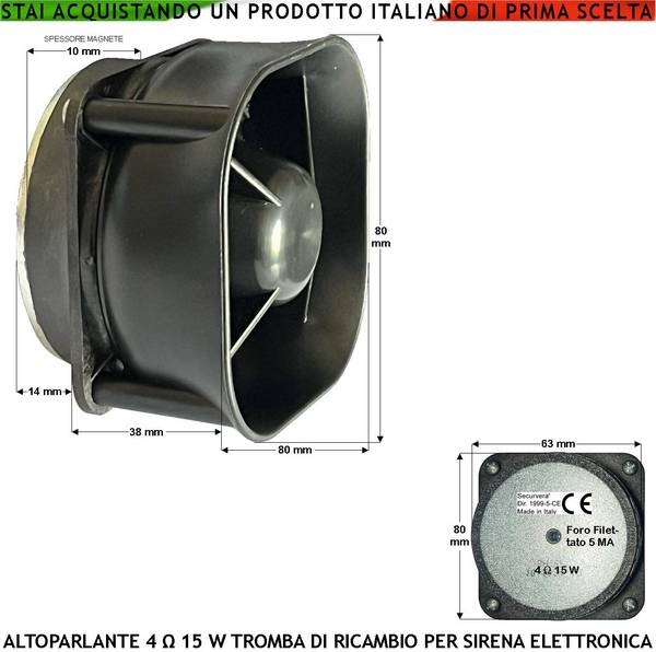 Tromba Altoparlante Ricambio Sirena Allarme Impedenza 4 Ohm Potenza 15 W Suoni Alta Frequenza da 850 ± 4600 Hz Tweeter