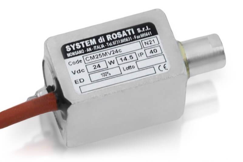 Elettromagnete lineare tipo CM Dimensione: 25mm Alimentazione: 12Vcc Servizio: ED 100%-0