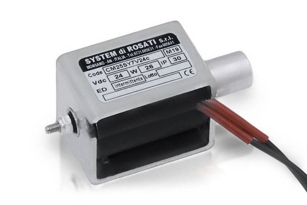 Elettromagnete lineare tipo CM open frame Dimensione: 25mm Alimentazione: 12Vcc Servizio: ED 100%