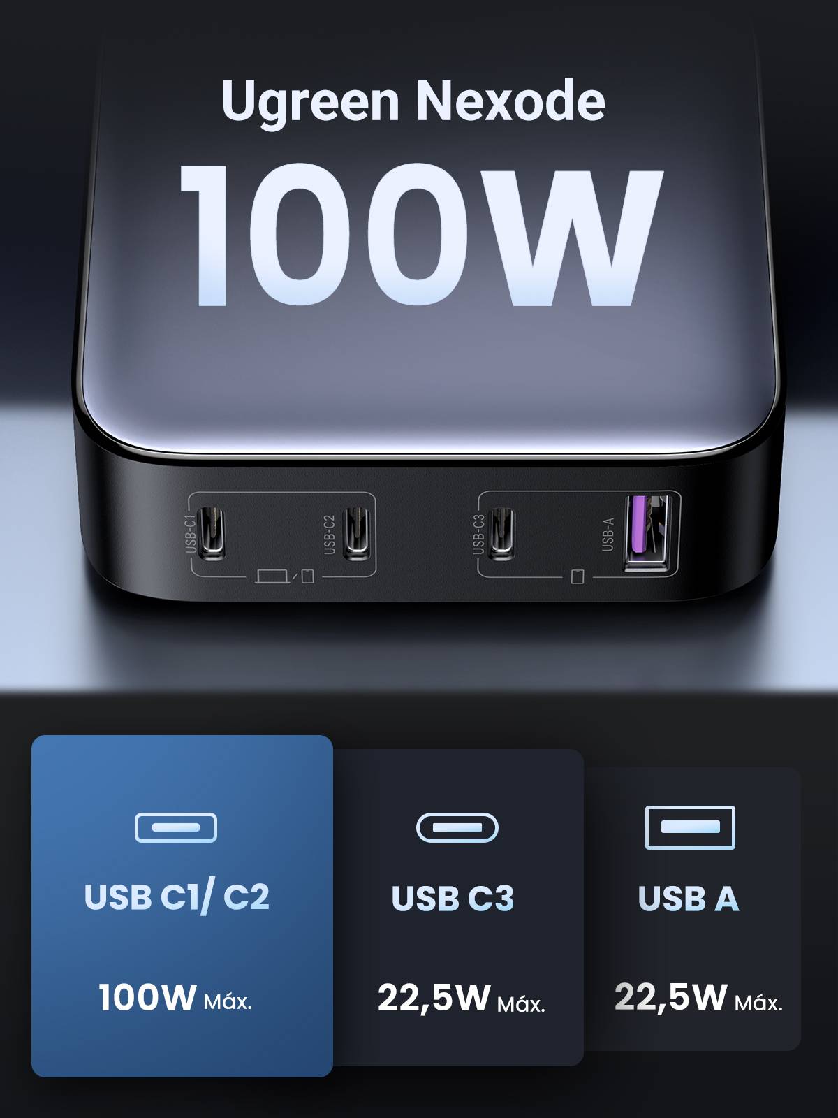 Caricabatterie rapido da tavolo UGREEN Nexode 1USB-A 3USB-C da 100 W (90928)-2