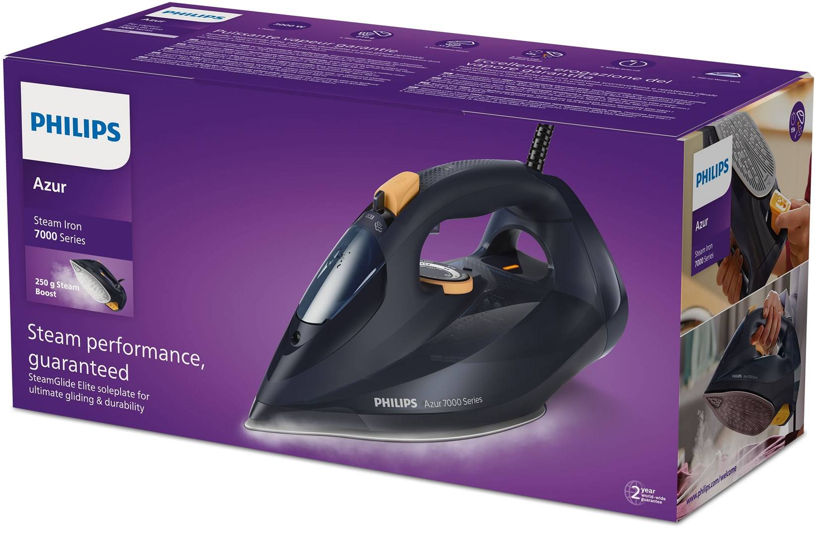Philips 7000 series DST7060/20 ferro da stiro Ferro a vapore Piastra soletta SteamGlide Elite 3000 W Blu, Giallo-1