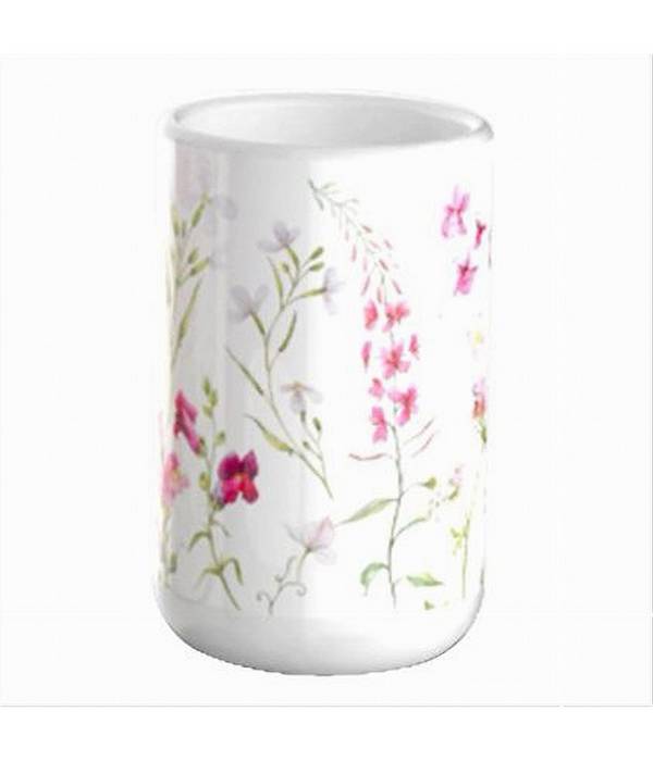 Bicchiere Porta Spazzolino Bianco Con Fiori In Ceramica Accessorio Bagno 69918 -