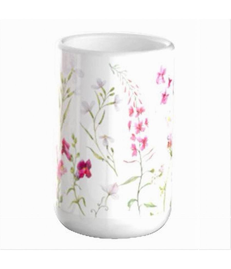 Bicchiere Porta Spazzolino Bianco Con Fiori In Ceramica Accessorio Bagno 69918 --0