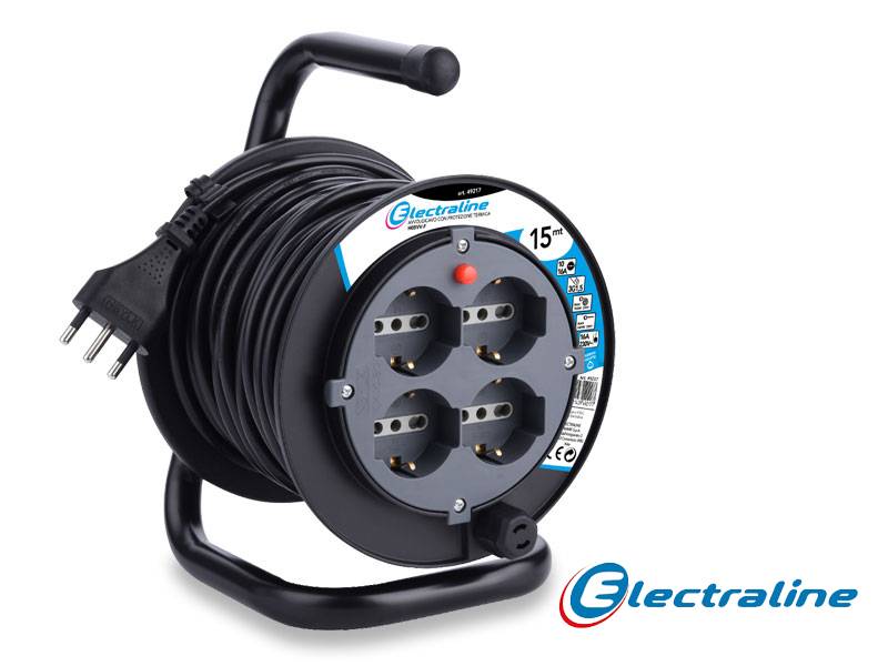 Avvolgicavo a 4 Prese 10A/16A con Protezione 3x1,5 15mt Electraline-0