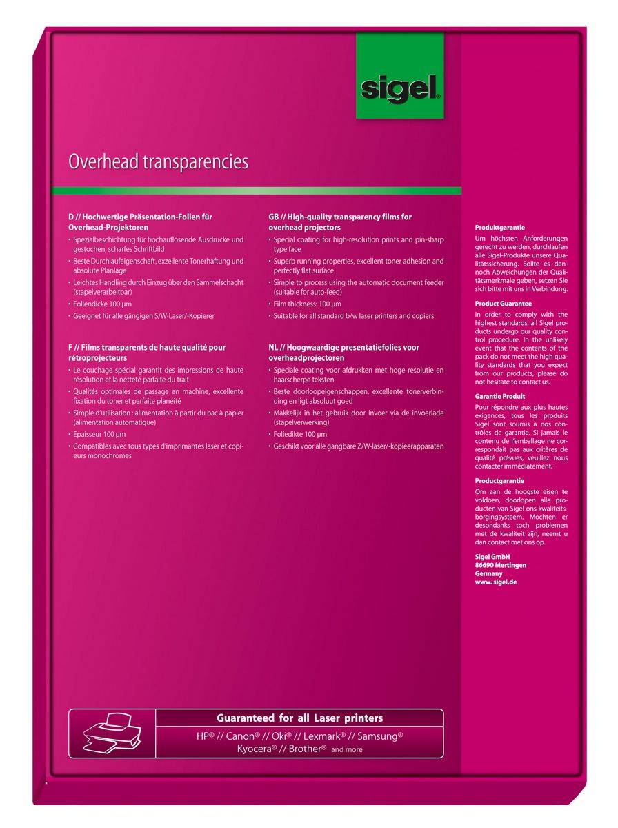 Sigel LF419 - Overhead-Transparentfolien - 100 Mikrometer - klar - A4 (210 x 297 mm) 100 Blatt (LF419)-1
