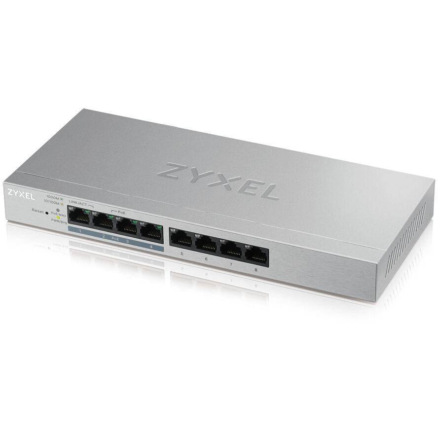 SWITCH ZYXEL GS1200-8HP SMART MANAGED 8P Gigabit(4P PoE fino a 60W)Easy Management xVLANQoS design senza ventole Desktop-0