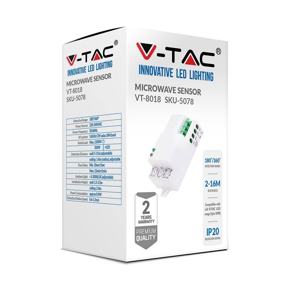 V-TAC Sensore MovimentoMicroonde 180°-360° a Plafone (Max 300W) IP20-3