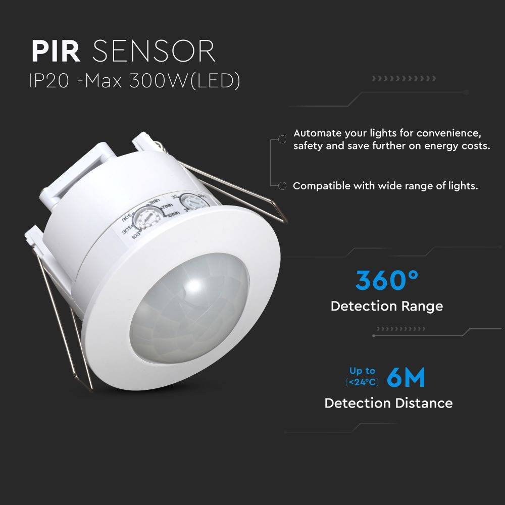 V-TAC Sensore di Movimento a Infrarossi 360° Montaggio a Incasso (Max 1200W) IP20-3