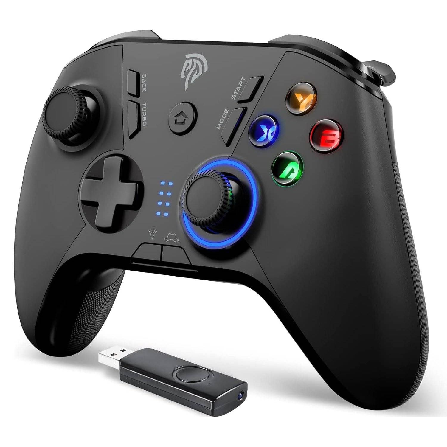 Gamepad controller wireless 2.4G, LED regolabile e funzione di vibrazione, turbo, quattro pulsanti programmabili-0