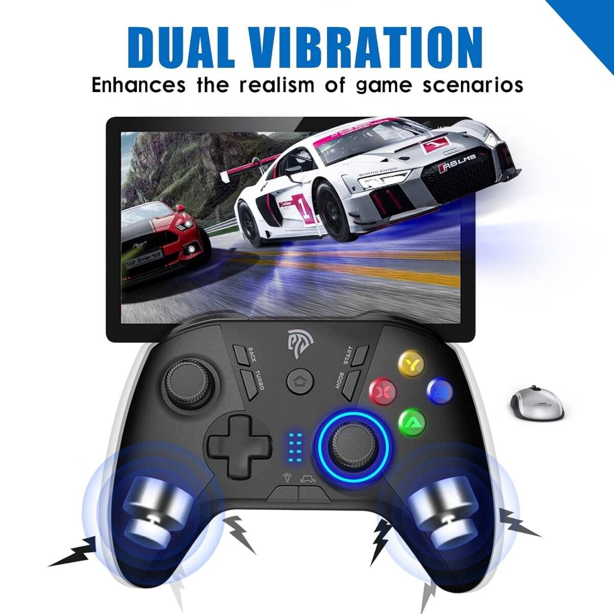 Gamepad controller wireless 2.4G, LED regolabile e funzione di vibrazione, turbo, quattro pulsanti programmabili-2