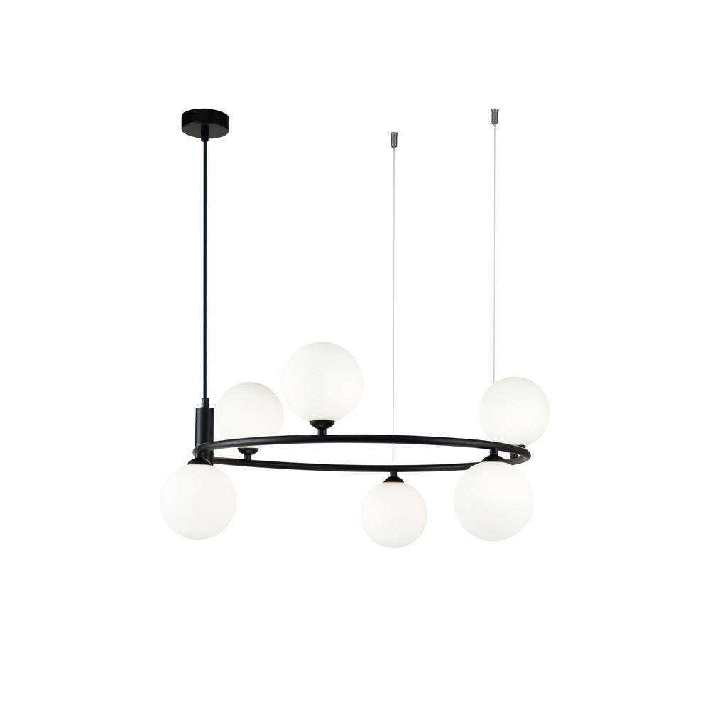 Lampadario Contemporaneo Ring Metallo Nero 6 Luci E Diffusori Bianchi-0
