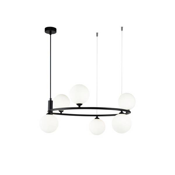 Lampadario Contemporaneo Ring Metallo Nero 6 Luci E Diffusori Bianchi