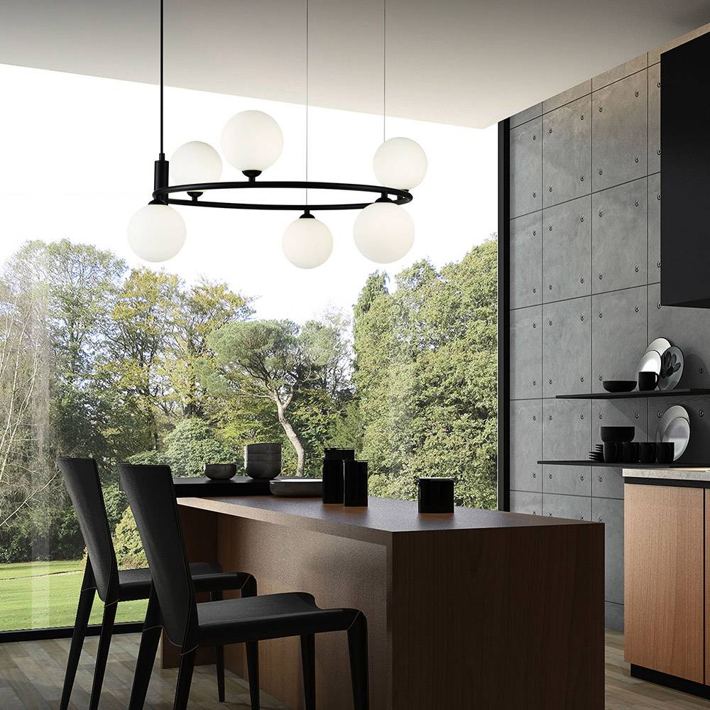 Lampadario Contemporaneo Ring Metallo Nero 6 Luci E Diffusori Bianchi-1