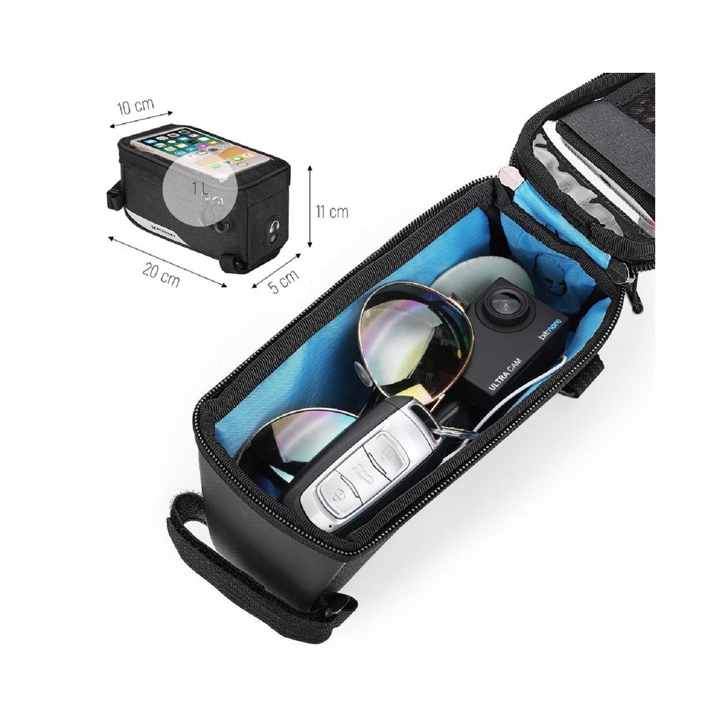 Borsa da telaio per bicicletta custodia per cellulare fino a 6,5 ​​pollici Borsa per cellulare da 1 litro nera (WBB6BK)-3