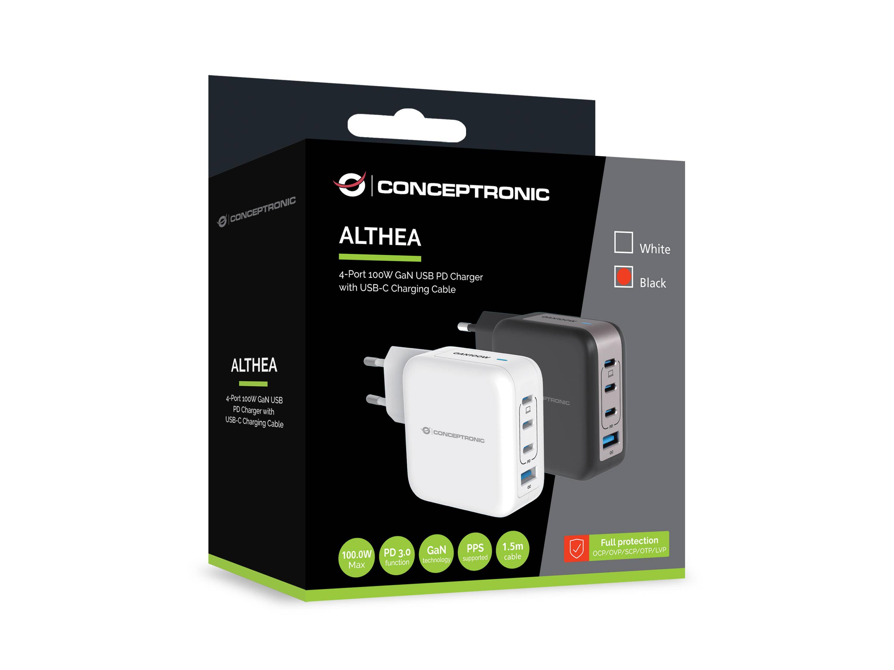 Conceptronic Ladegerät 4Port 100W 3xUSB-C 1xUSB-A+3-in-1 sw (ALTHEA18B)-1
