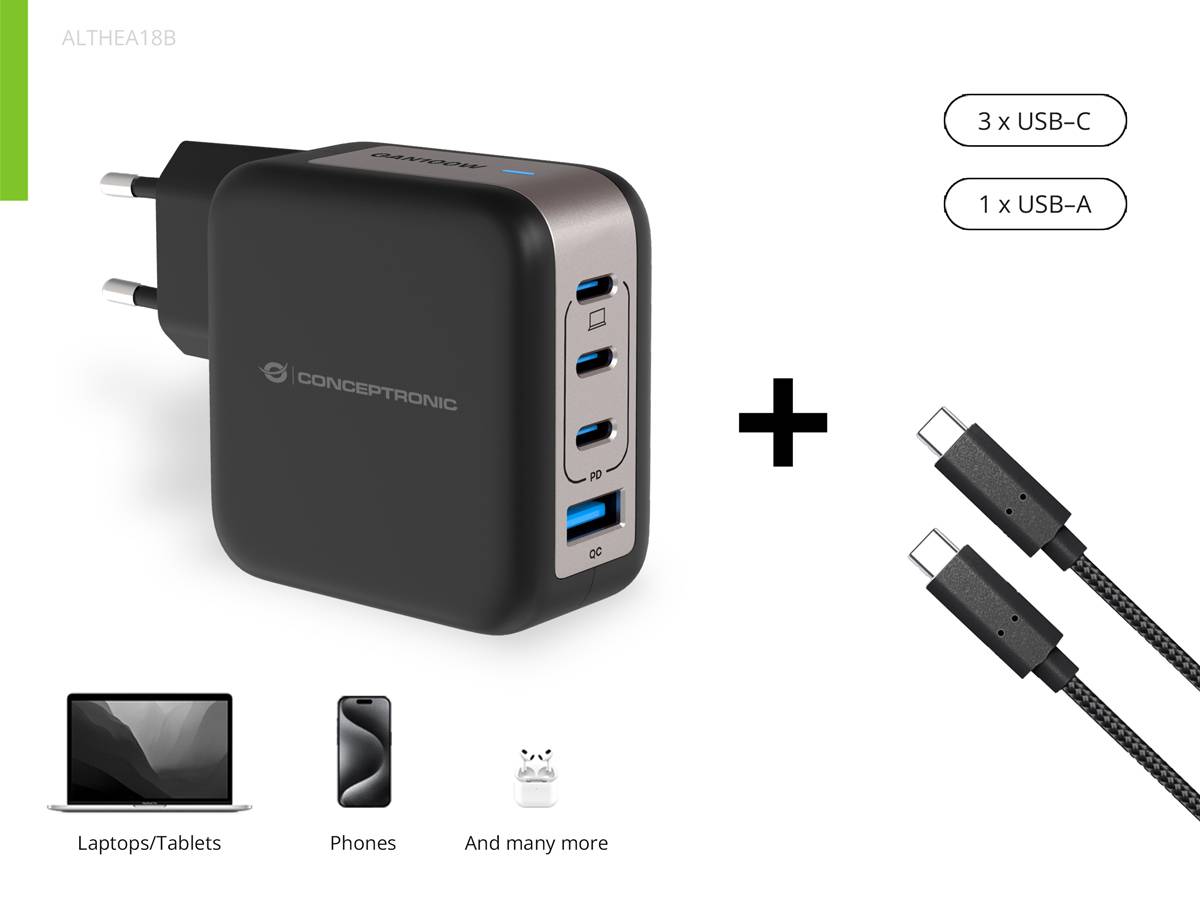 Conceptronic Ladegerät 4Port 100W 3xUSB-C 1xUSB-A+3-in-1 sw (ALTHEA18B)-3