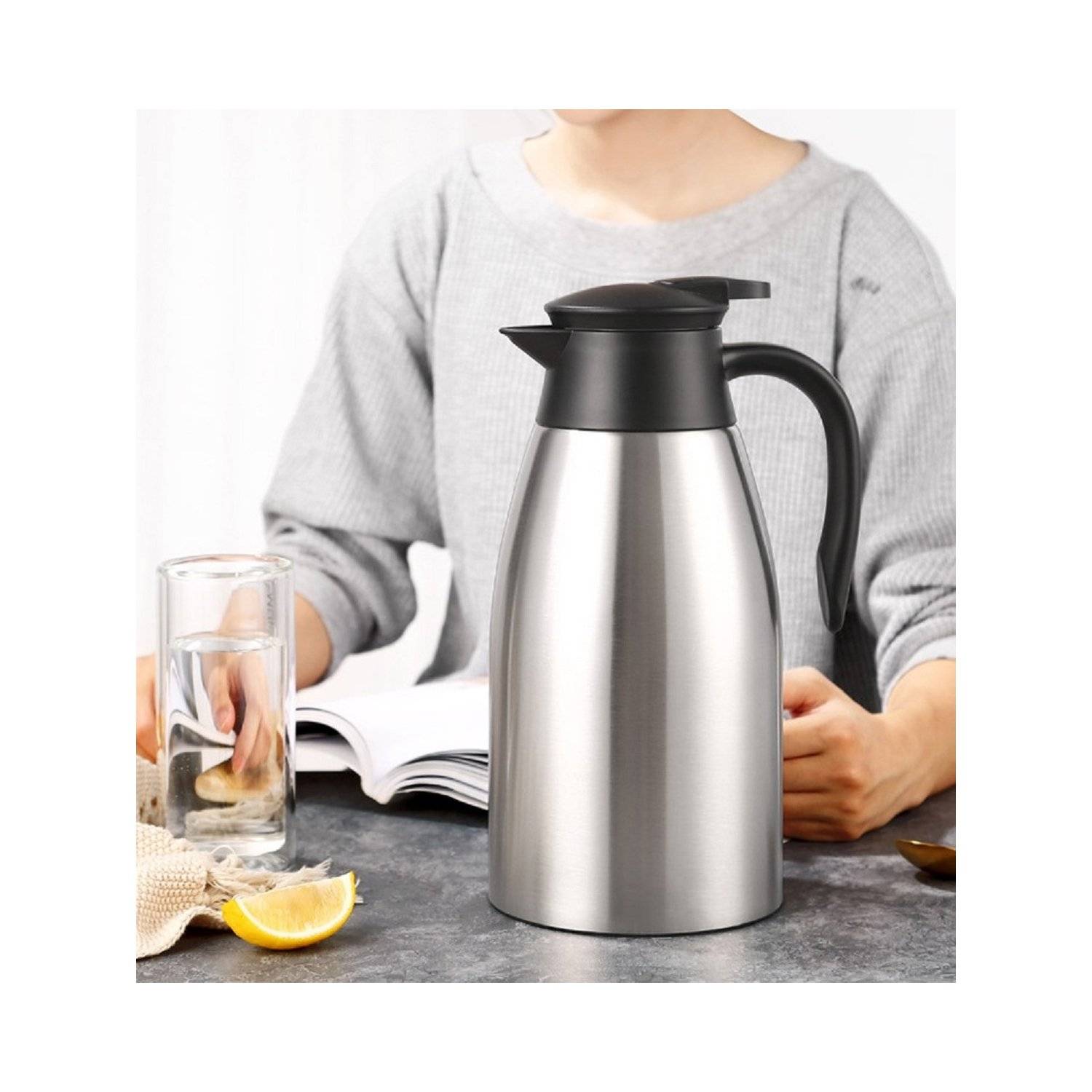 Thermos in acciaio inossidabile da 2 litri, thermos, caffettiera, argento a doppia parete-2