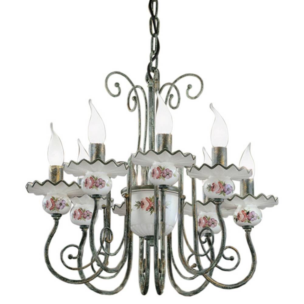 Lampadario Classico Sanremo Metallo E Ceramica Verde Sfumato Oro 8 Luci E14-0