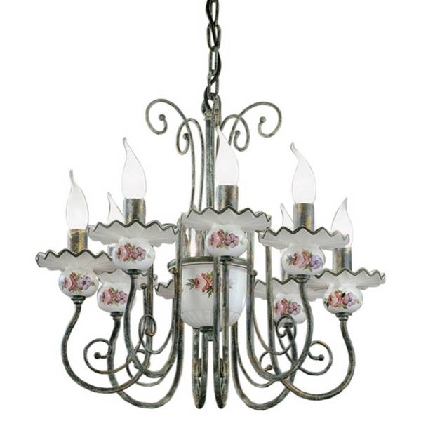 Lampadario Classico Sanremo Metallo E Ceramica Verde Sfumato Oro 8 Luci E14