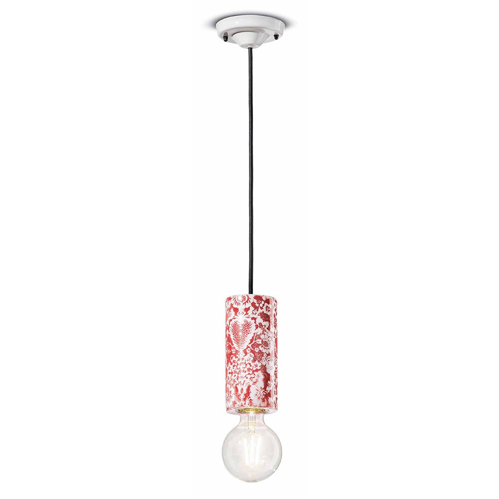 Sospensione Media Vintage Decò Pi Ceramica Ming Rosso 1 Luce E27-0
