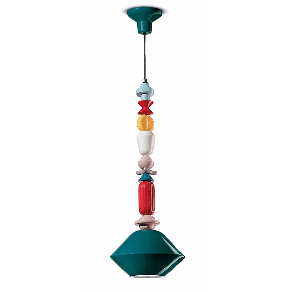 Sospensione Grande Vintage Decò Lariat Ceramica Verde Petrolio 1 Luce E27-0