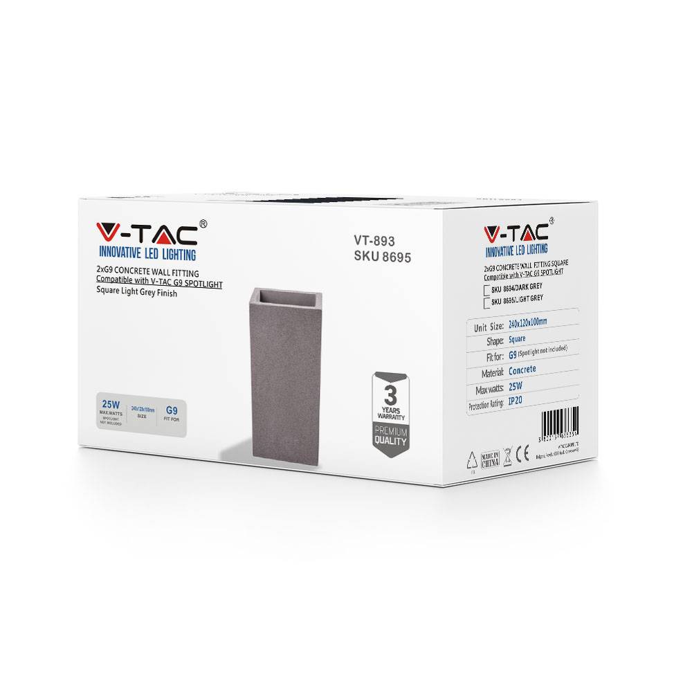 V-TAC Lampada LED Rettangolare G9 (Max 2*25W) in Cemento Colore Grigio P20-4