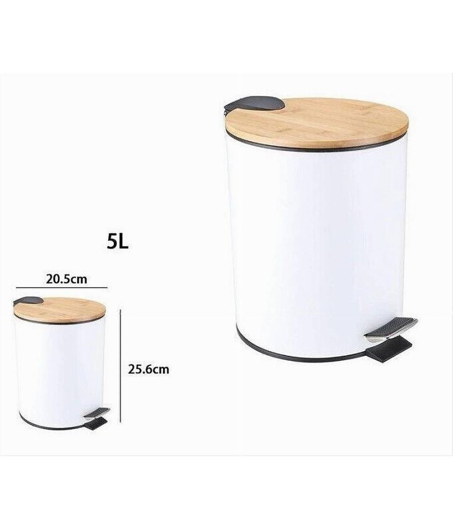 Pattumiera Acciaio A Pedale 5 Litri Bidone Cestino Spazzatura Bianco Legno 87456 --1