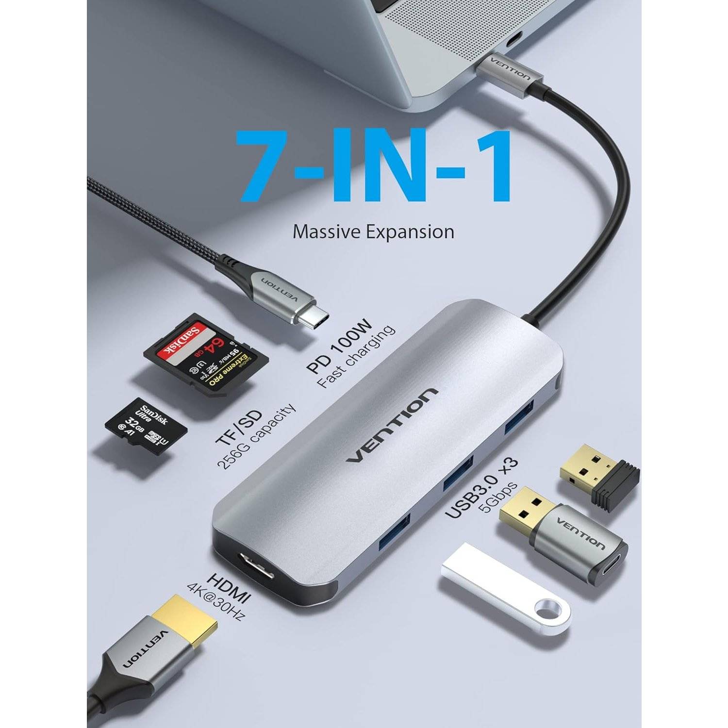 Hub USB-C, adattatore multiporta, dock, 7 in 1 da 100 W-1