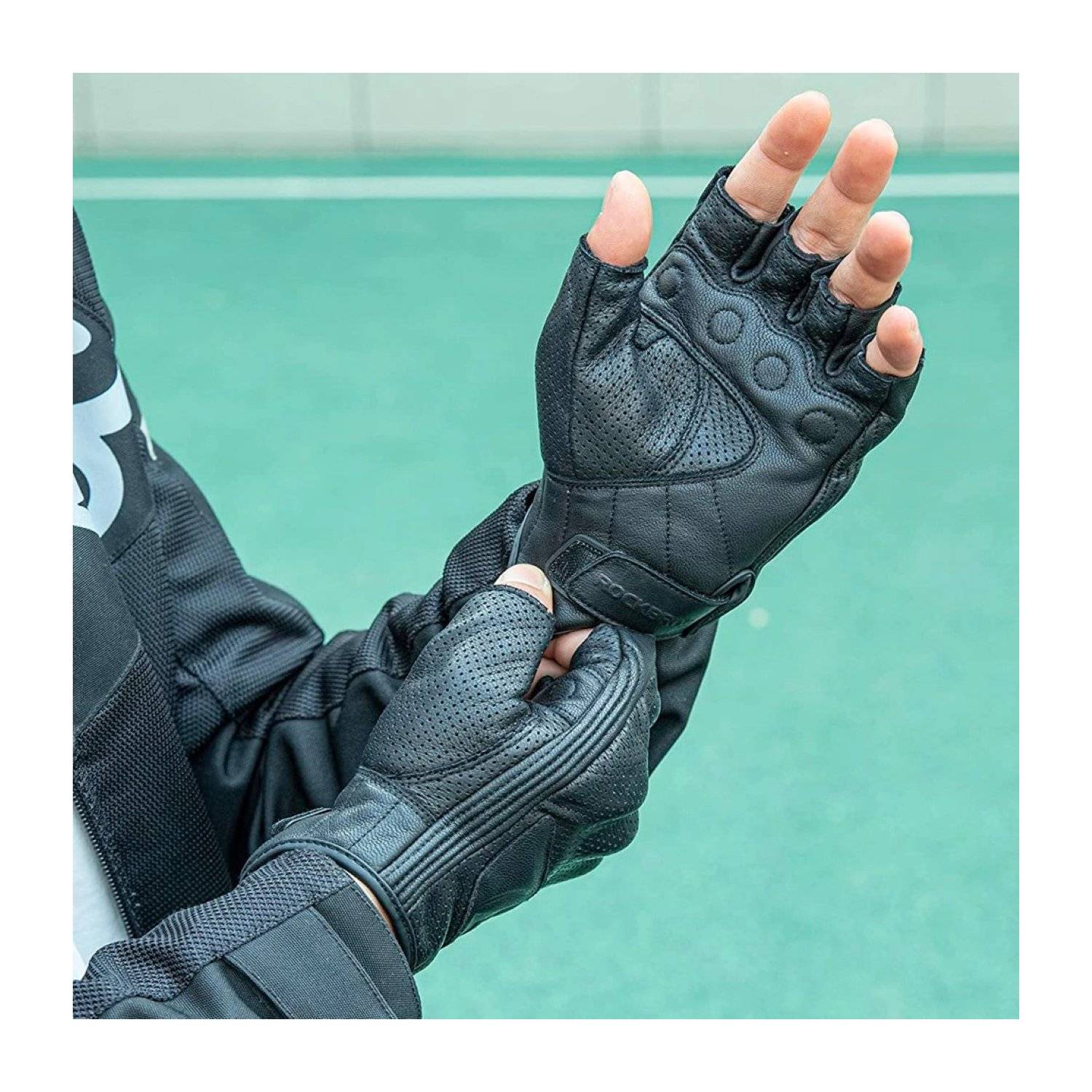 Guanti moto Rockbros neri realizzati in pelle con guanti proteggi caviglia L-1