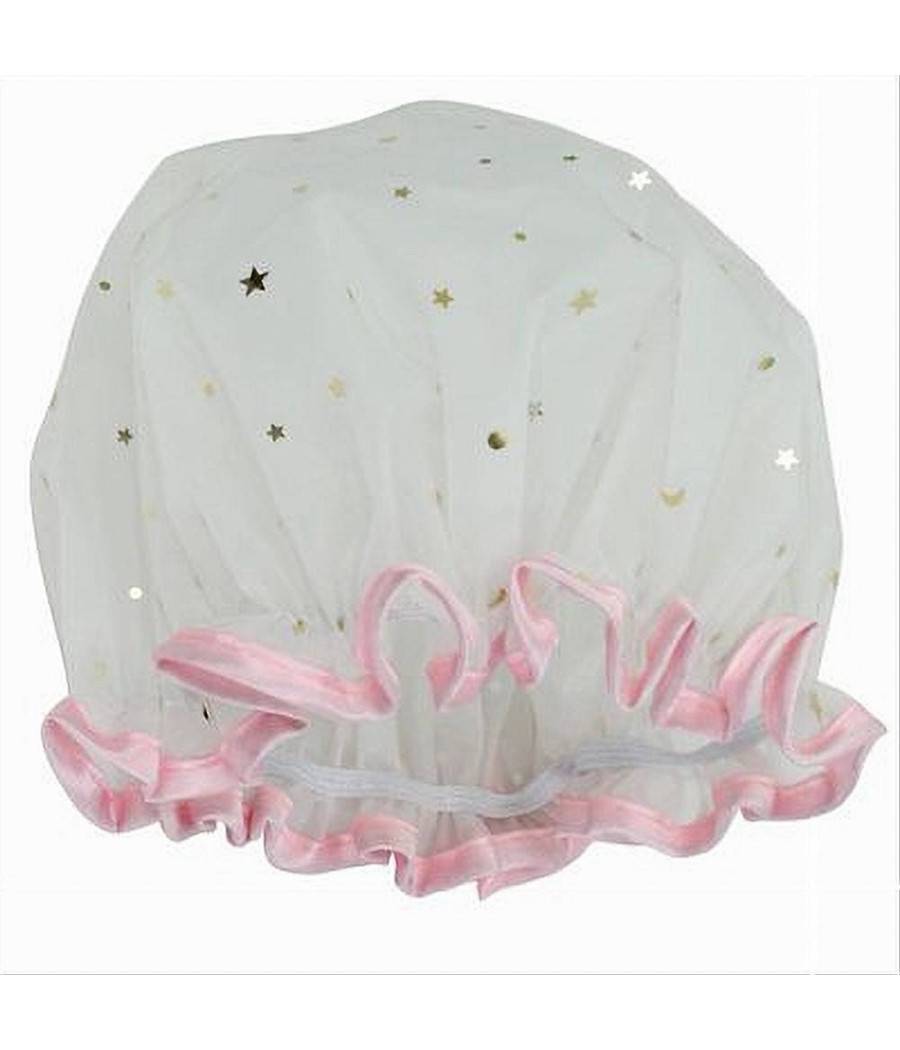 Set 2 Pz Cuffia Doccia Bagno Elastico Bordino Rosa Stelle Protegge Capelli 79607 --0