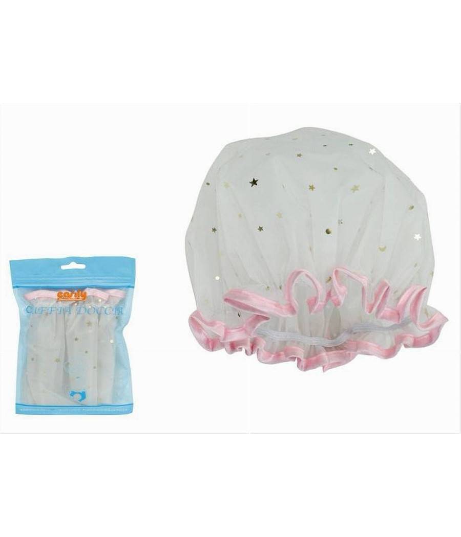 Set 2 Pz Cuffia Doccia Bagno Elastico Bordino Rosa Stelle Protegge Capelli 79607 --1
