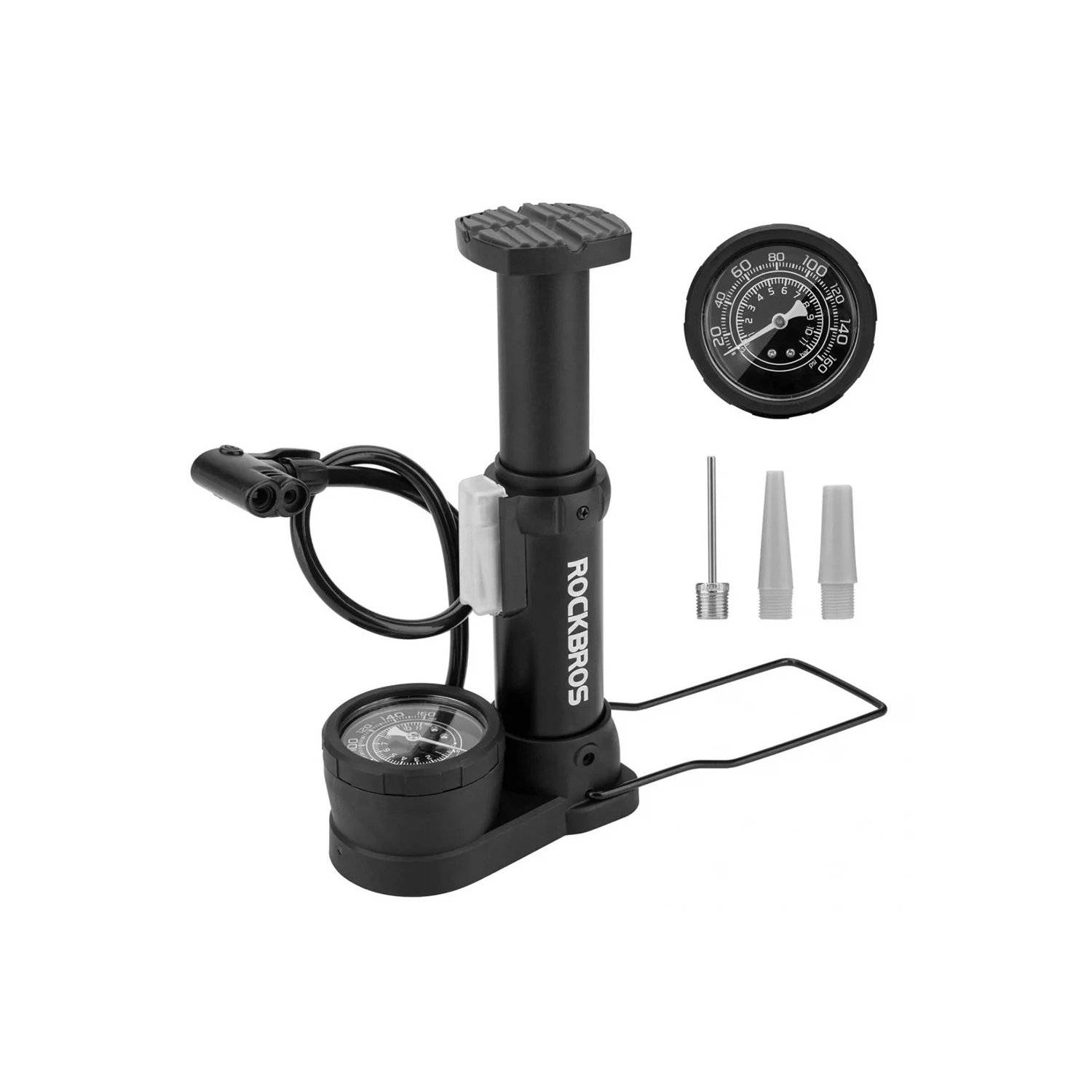 Pompa per bici da pavimento con manometro - Nera - Pompa con 3 attacchi - 100 psi / 7 bar-0