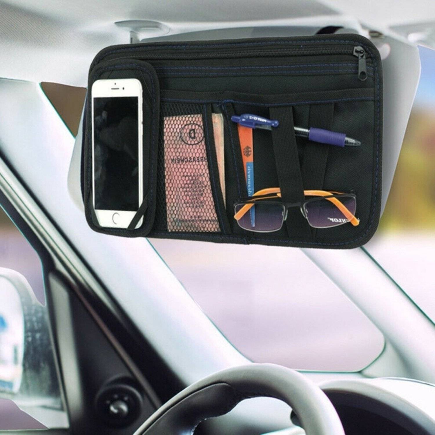 Dunlop - Organizer per auto con parasole in nero 18,5x36 cm con tasca per cellulare rimovibile-3