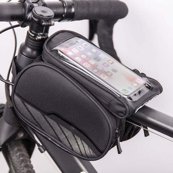 Borsa impermeabile da telaio per bicicletta con tasca portacellulare rimovibile, nera