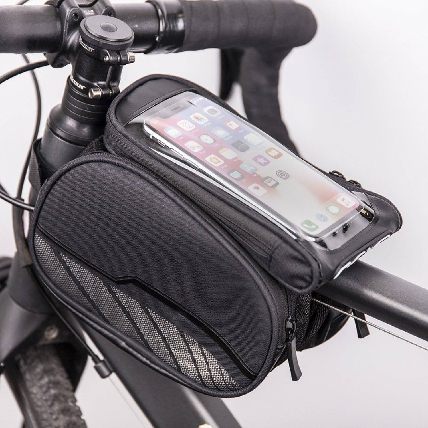 Borsa impermeabile da telaio per bicicletta con tasca portacellulare rimovibile, nera-0