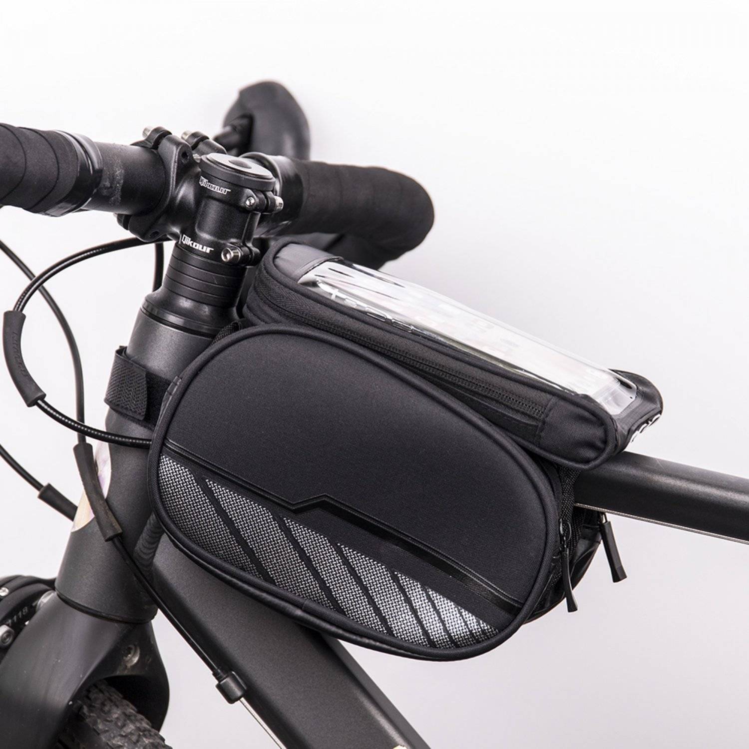 Borsa impermeabile da telaio per bicicletta con tasca portacellulare rimovibile, nera-2