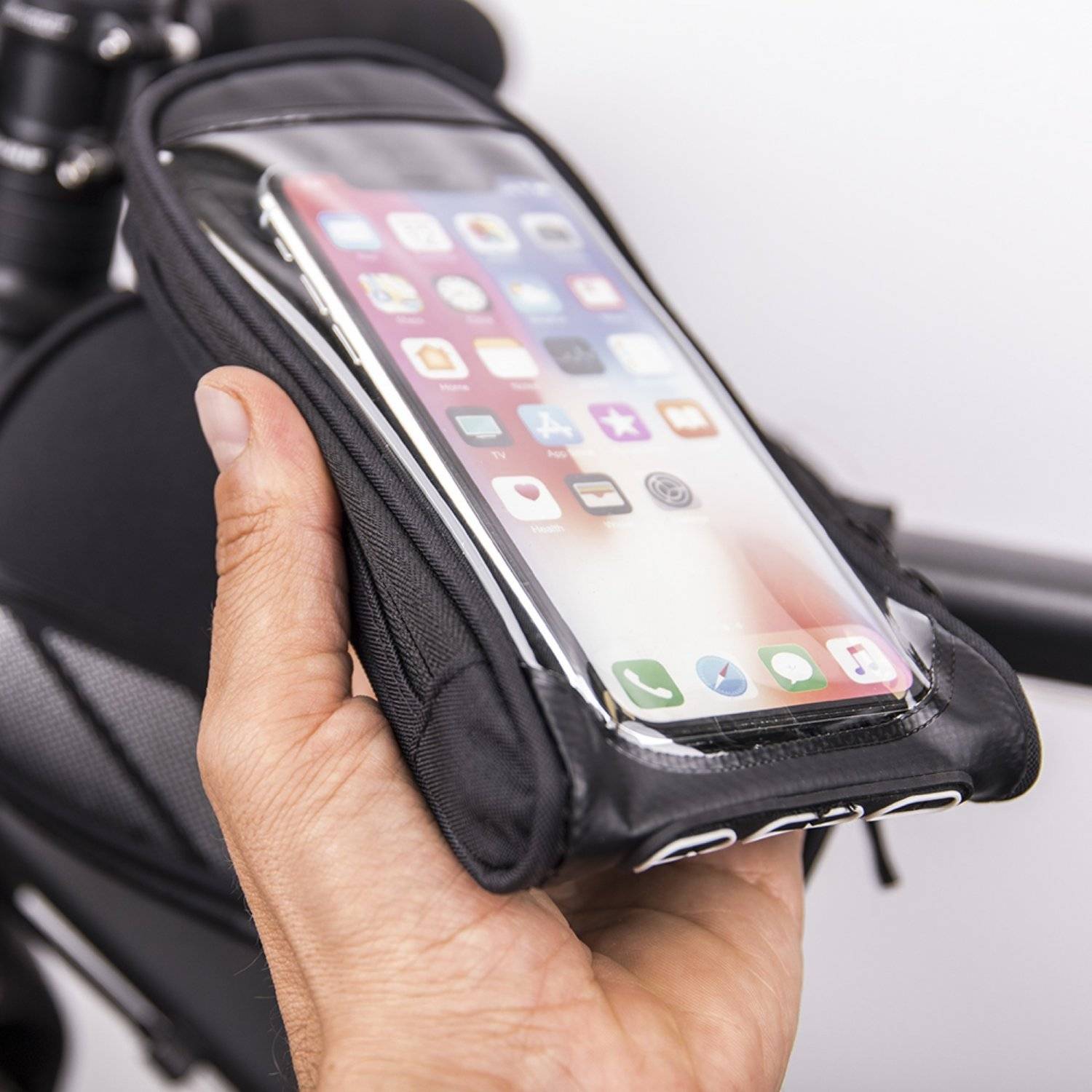 Borsa impermeabile da telaio per bicicletta con tasca portacellulare rimovibile, nera-3