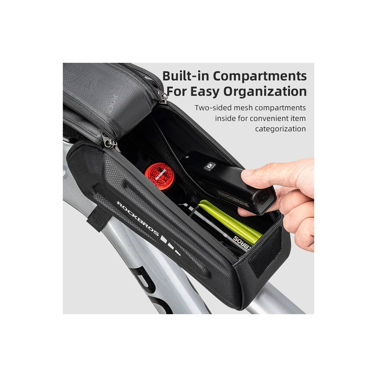 Borsa da bici da telaio impermeabile con custodia per telefono - Nera - 1,7 litri-2