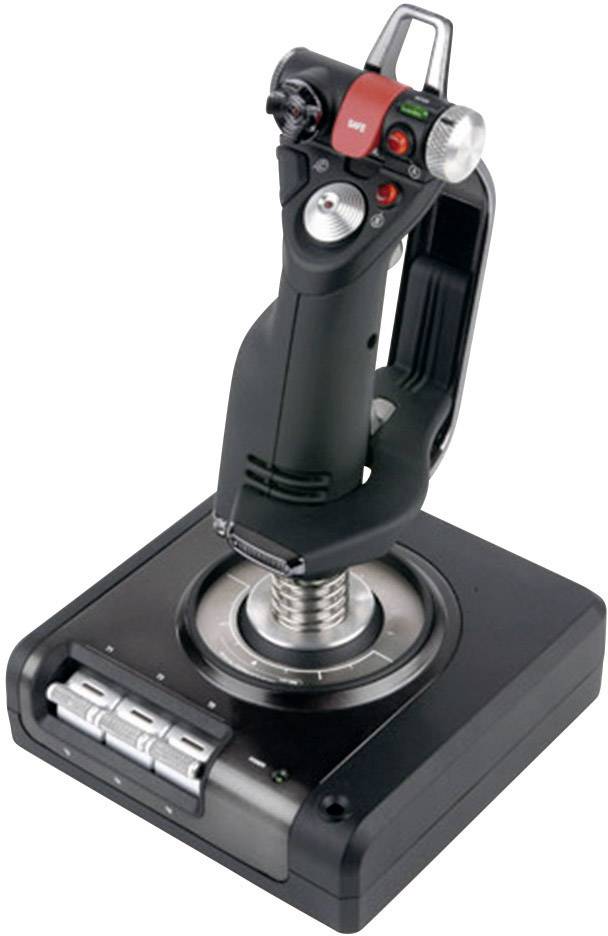 Joystick con più pulsanti e una leva di controllo su una base. Progettato per giochi di volo o simulazione.