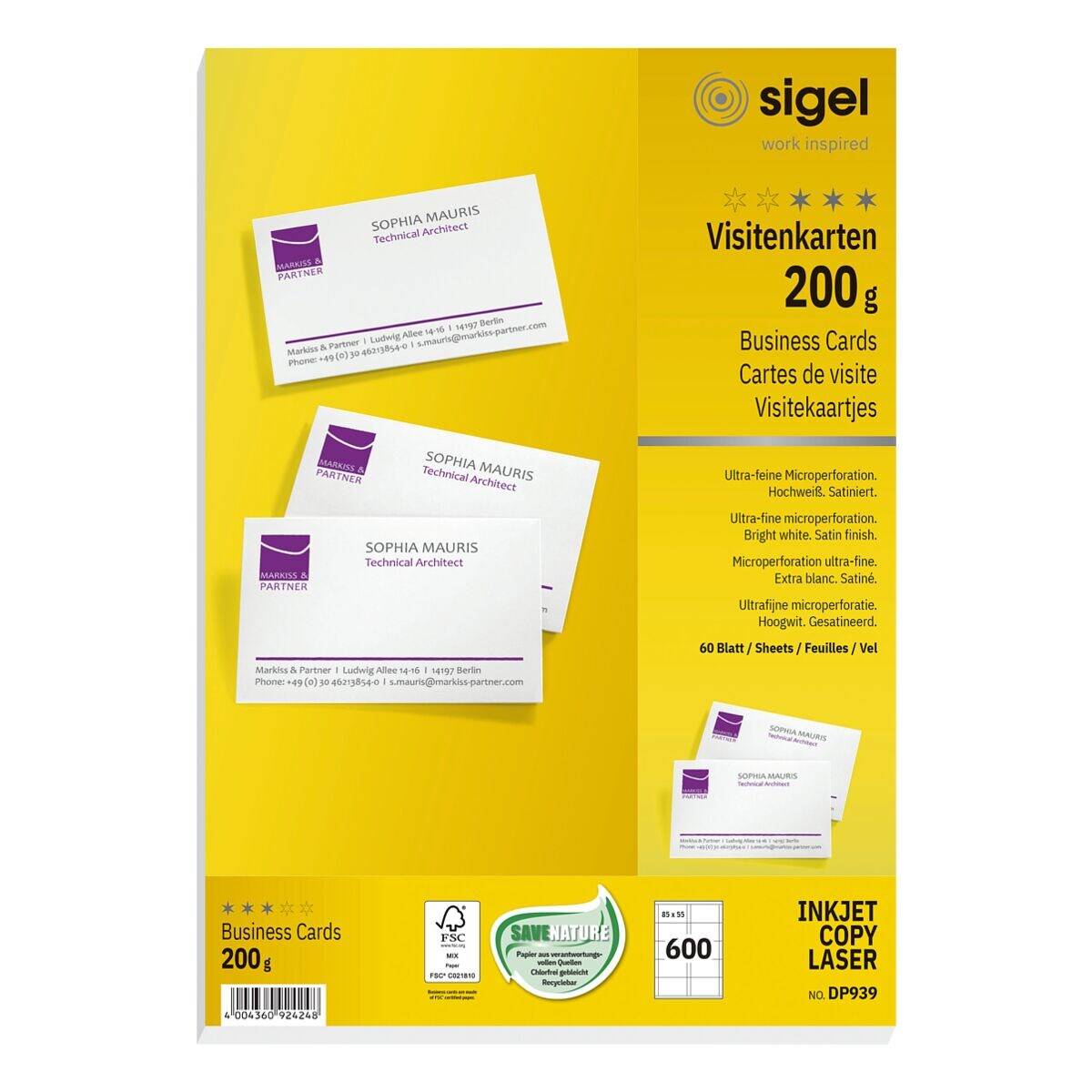 Sigel Business Card DP939 - Visitenkarten - hochweiß - 85 x 55 mm - 200 g/m2 - 600 Karte(n) (60 Bogen x 10) (DP939)-0