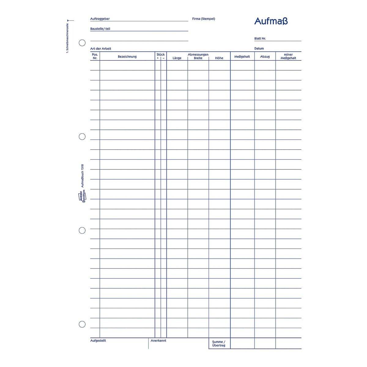 AVERY Zweckform Aufmaßbuch Formularbuch 1318 - 1 x 100 Blatt-1