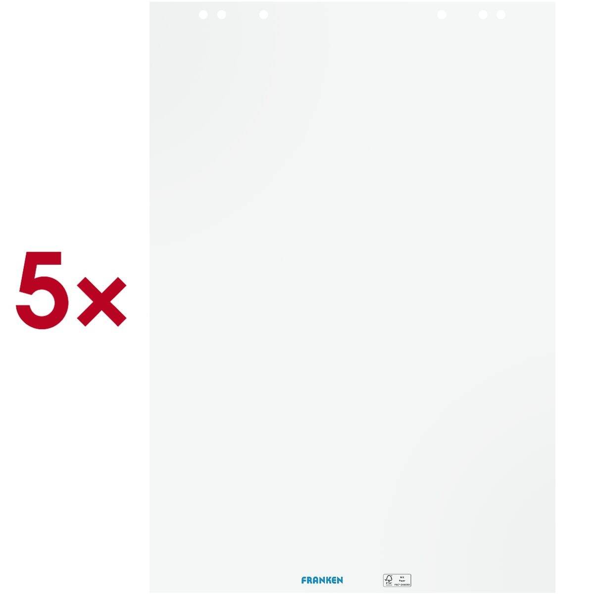 FRANKEN Flipchart-Block, 20 Blatt, blanko, 680 x 980 mm weiß, chlorfrei gebleicht, 80 g/qm, Universallochung - 5 Stück (-0